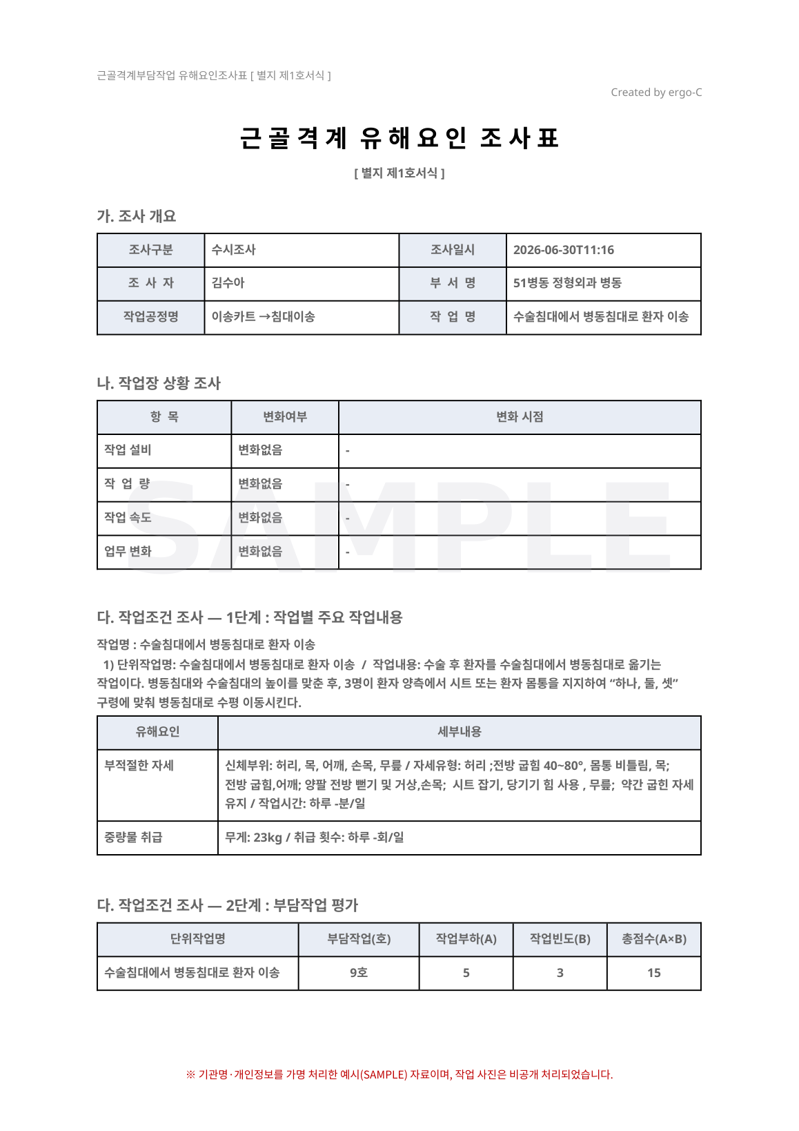 유해요인조사표 개요와 부담작업 평가 화면