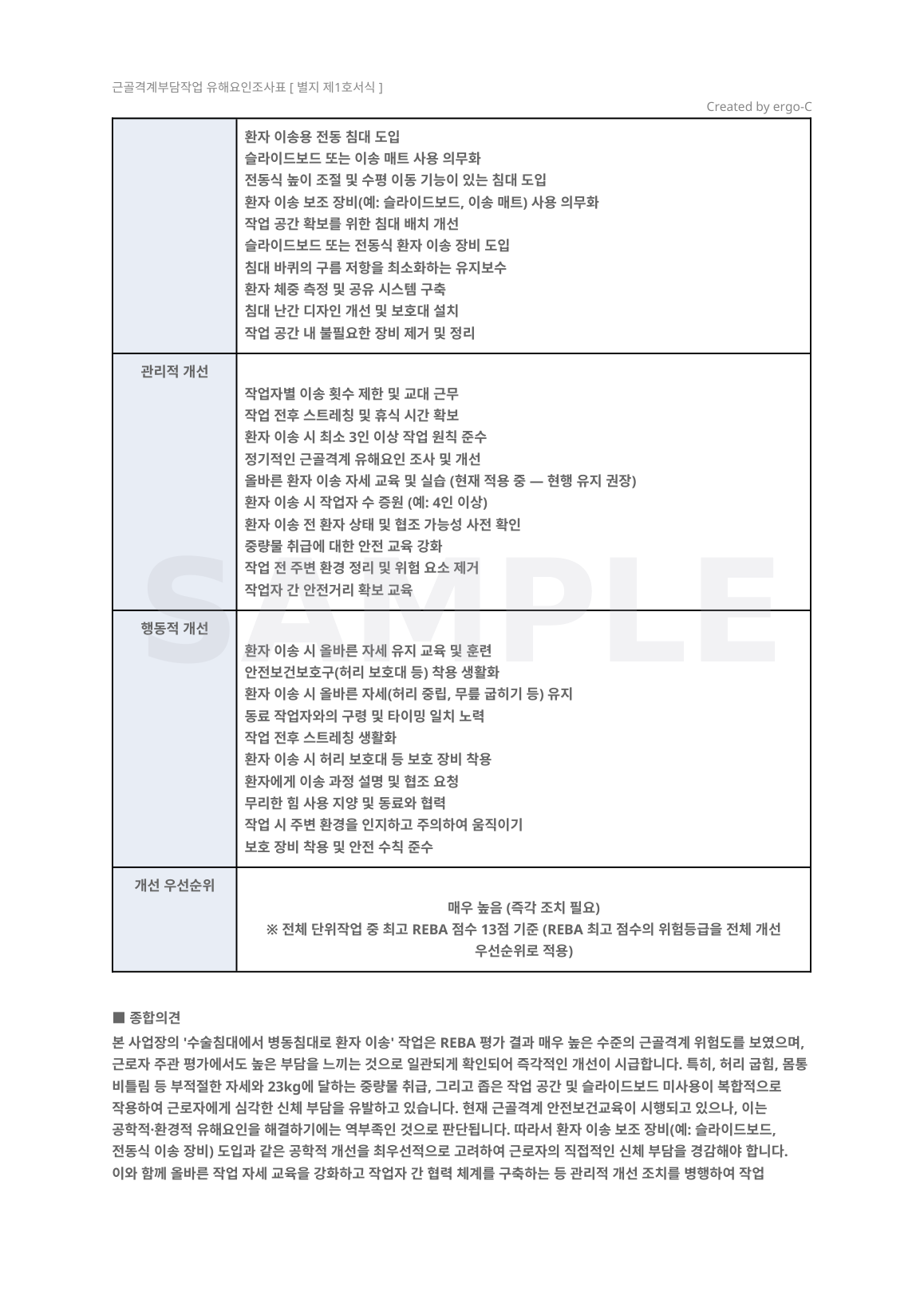 유해요인조사표 REBA 분석 결과 — 신체부위별 점수와 판정 근거가 함께 생성된 표